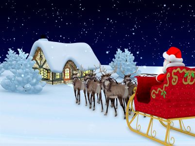 Santa with reindeer coming home